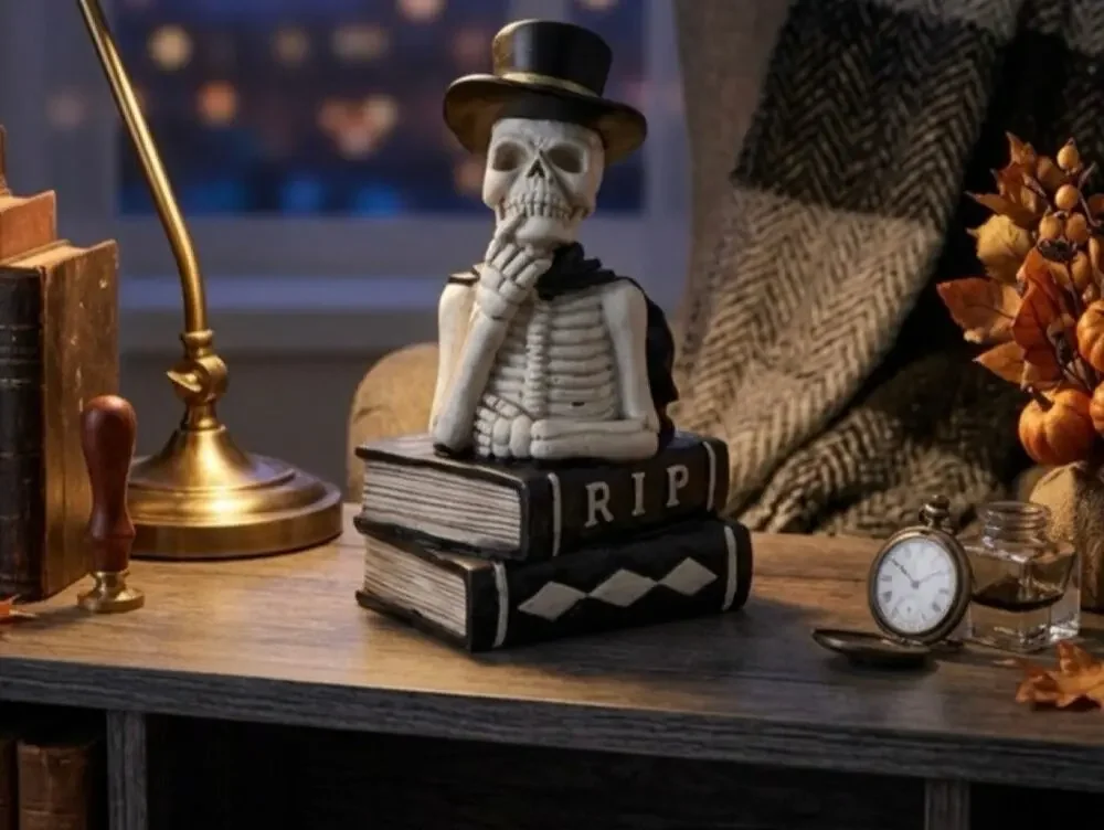 Spooky Halloween Skeleton Bust in Top Hat on RIP Books Decor Goth Dark Academia